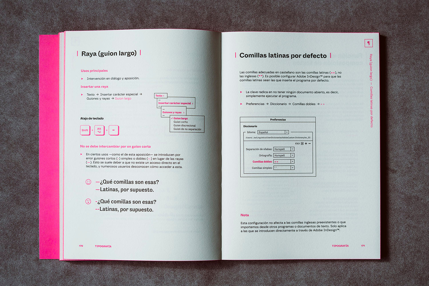 Pliego cenital de InDesign Lab de Salva Cerdá y editado por Impresum Books. Tips sobre comillas latinas y raya (guión largo).